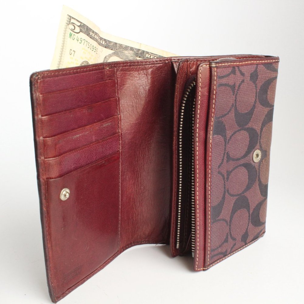 Coach Signature Wallet Multifunction Bifold Jacquard & Burgundy Leather - Picture 6 of 10